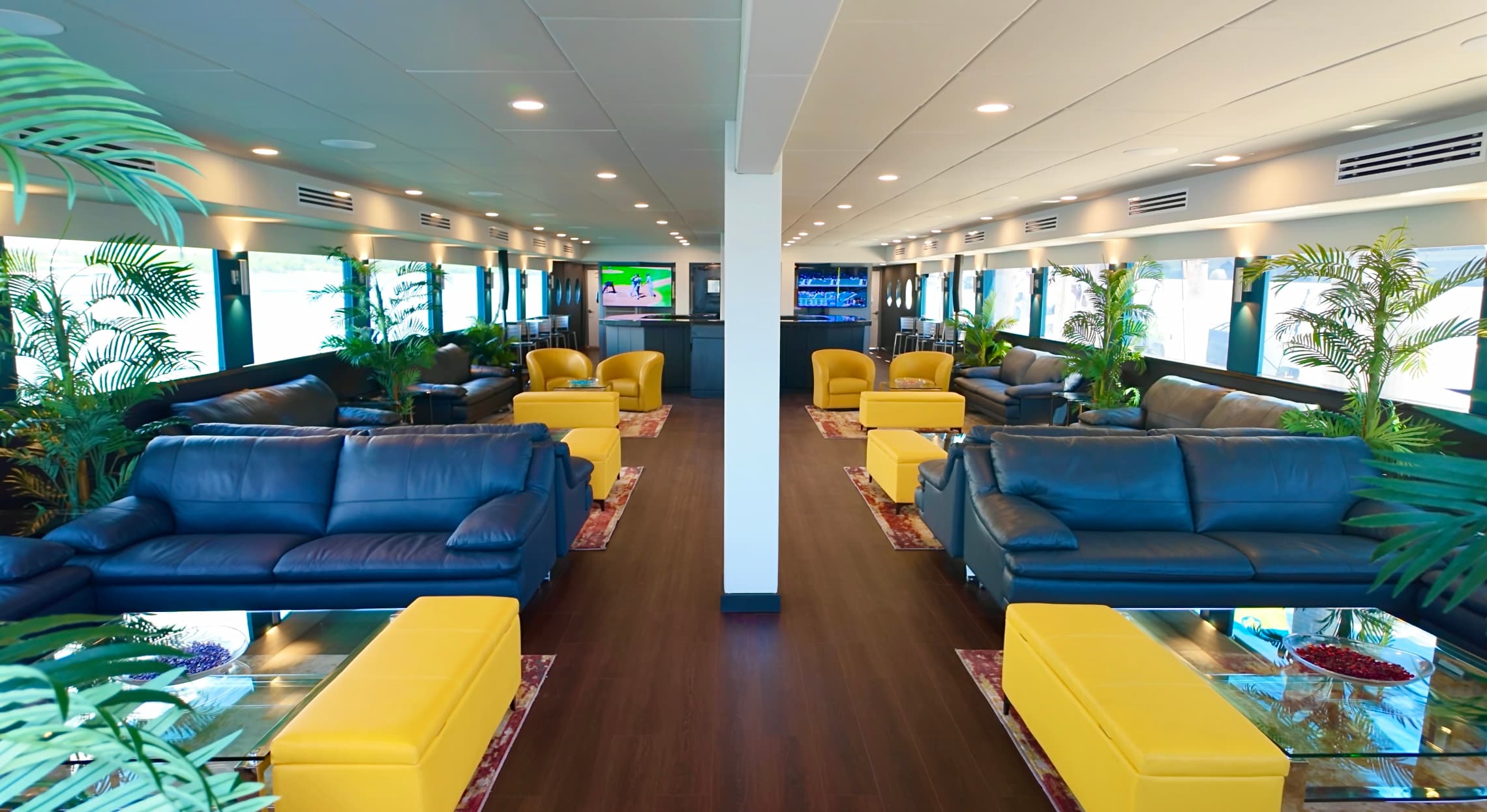 Charter yacht interior lounge with leather seating, tropical plants, and entertainment screens